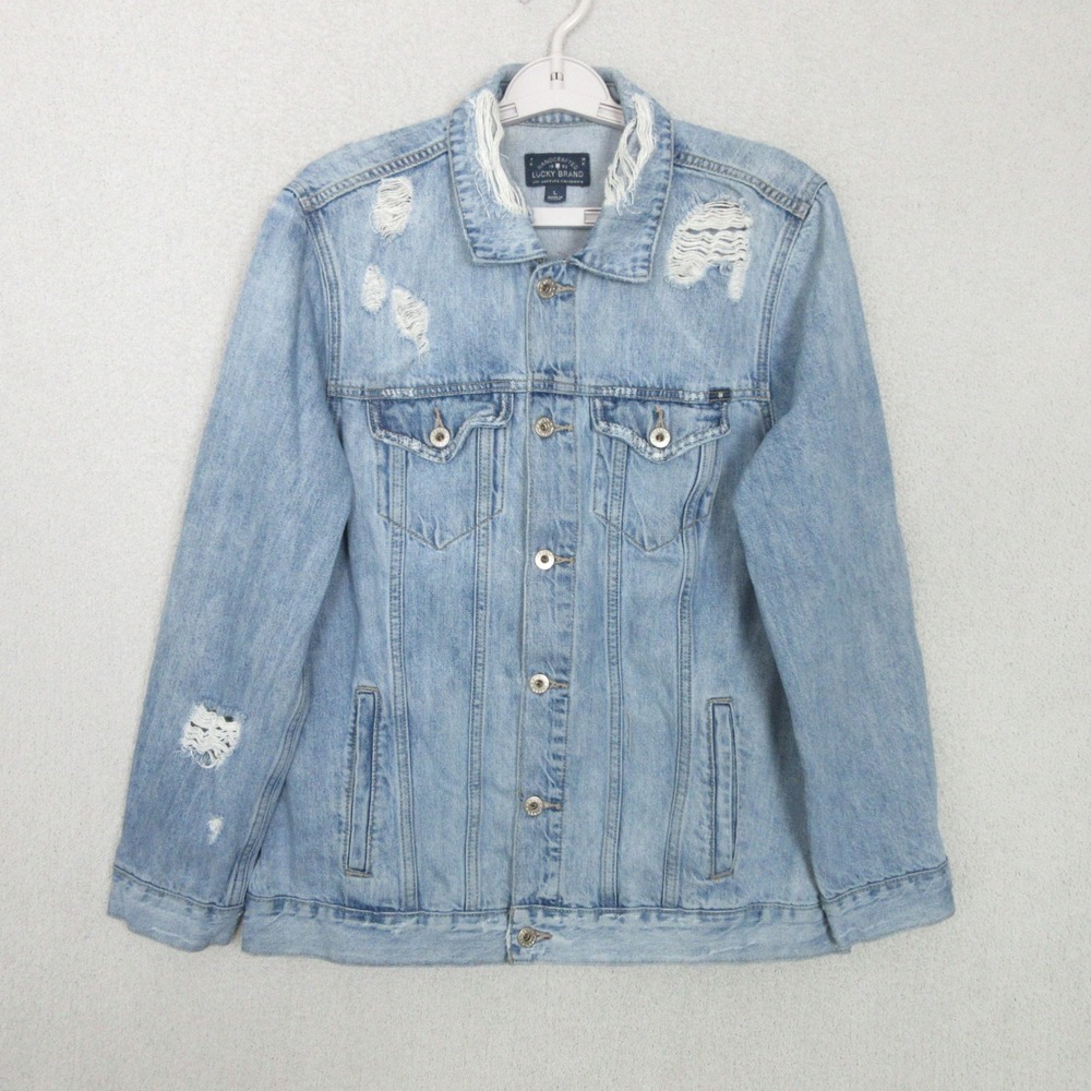 Lucky Brand Womens Distressed Denim Trucker Jacket Light Wash Blue Size L 5574